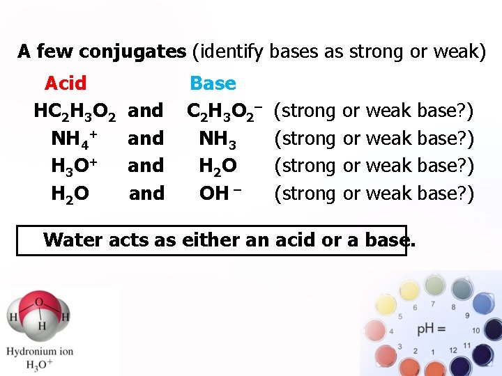 A few conjugates (identify bases as strong or weak). Acid HC 2 H 3