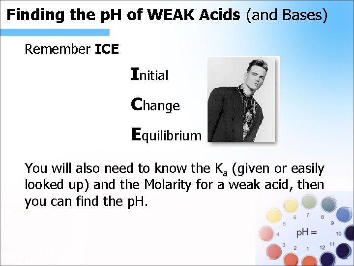 Finding the p. H of WEAK Acids (and Bases). Remember ICE Initial Change Equilibrium