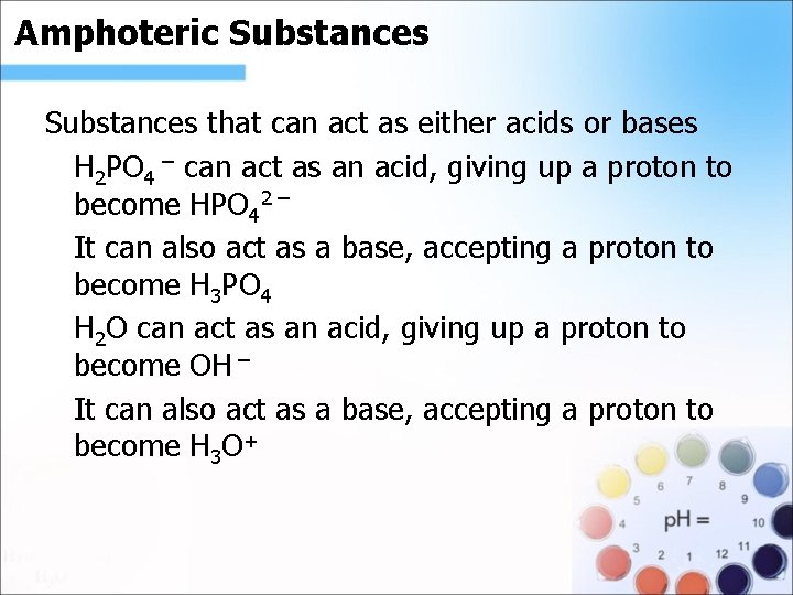 Amphoteric Substances that can act as either acids or bases H 2 PO 4