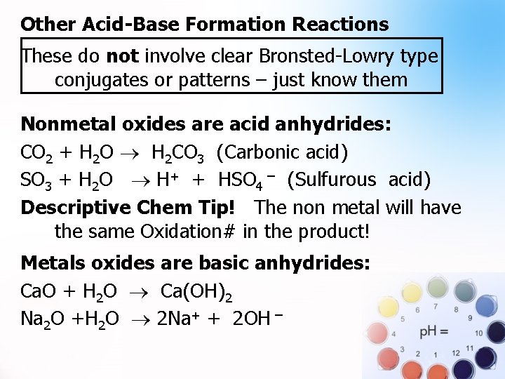 Other Acid-Base Formation Reactions. These do not involve clear Bronsted-Lowry type conjugates or patterns