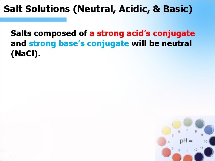 Salt Solutions (Neutral, Acidic, & Basic). Salts composed of a strong acid’s conjugate and