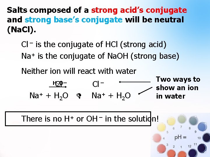 Salts composed of a strong acid’s conjugate and strong base’s conjugate will be neutral