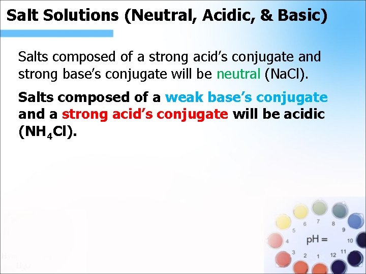 Salt Solutions (Neutral, Acidic, & Basic). Salts composed of a strong acid’s conjugate and