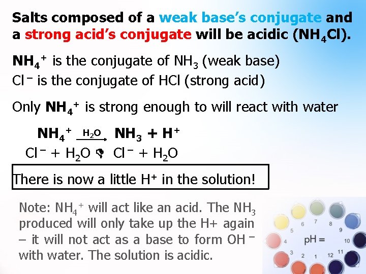 Salts composed of a weak base’s conjugate and a strong acid’s conjugate will be