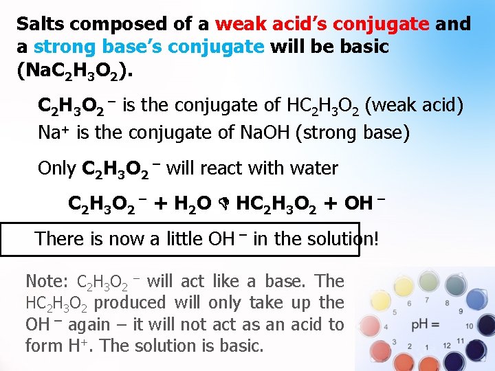 Salts composed of a weak acid’s conjugate and a strong base’s conjugate will be