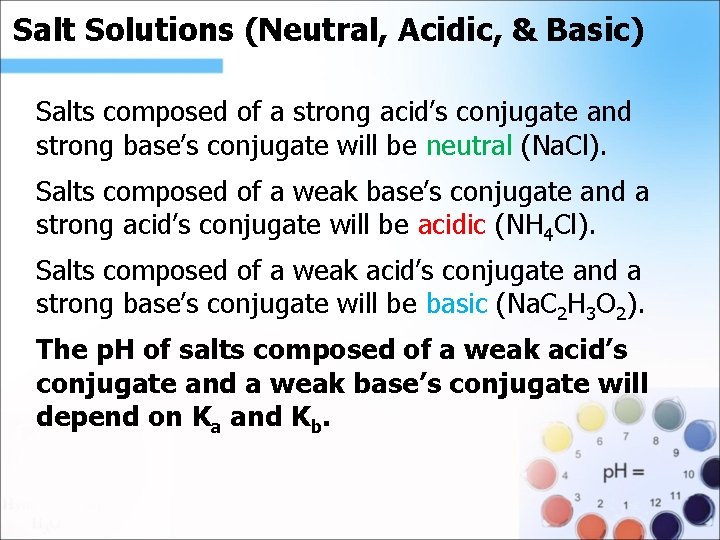 Salt Solutions (Neutral, Acidic, & Basic). Salts composed of a strong acid’s conjugate and