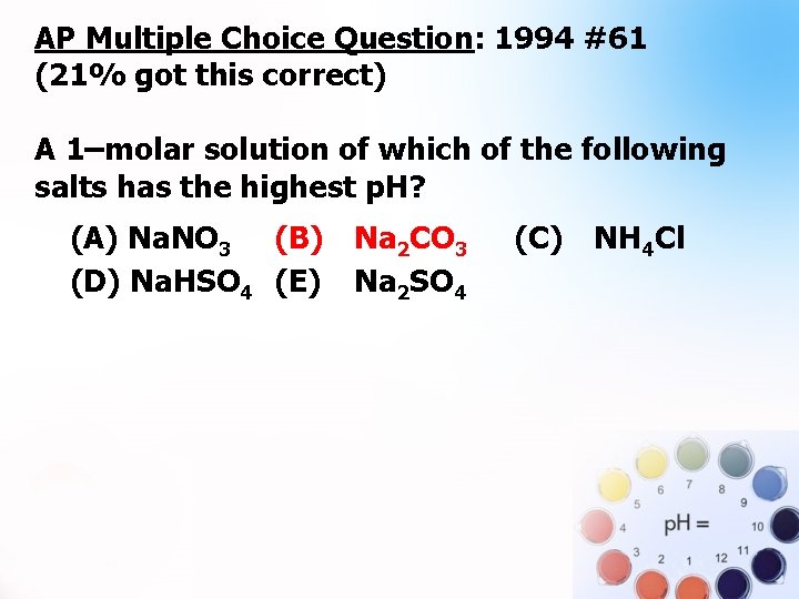 AP Multiple Choice Question: 1994 #61 (21% got this correct). A 1–molar solution of