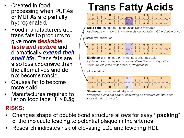 • Created in food processing when PUFAs or MUFAs are partially hydrogenated. •