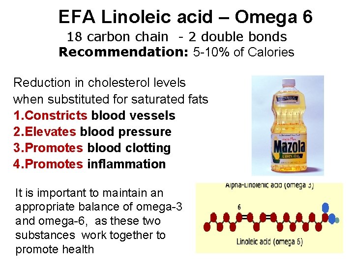 EFA Linoleic acid – Omega 6 18 carbon chain - 2 double bonds Recommendation: