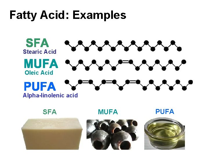 Fatty Acid: Examples Stearic Acid Oleic Acid Alpha-linolenic acid SFA MUFA PUFA 