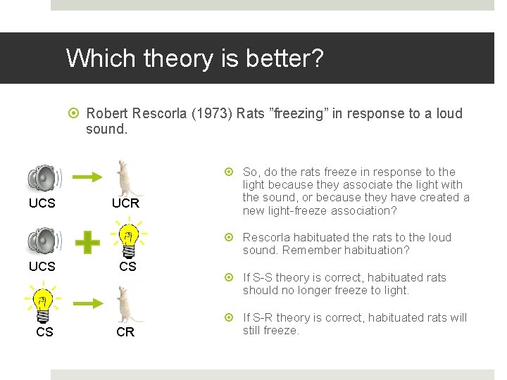 Which theory is better? Robert Rescorla (1973) Rats ”freezing” in response to a loud