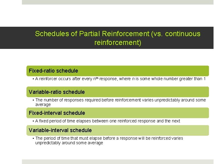Schedules of Partial Reinforcement (vs. continuous reinforcement) Fixed-ratio schedule • A reinforcer occurs after