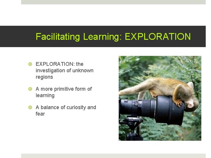 Facilitating Learning: EXPLORATION: the investigation of unknown regions A more primitive form of learning