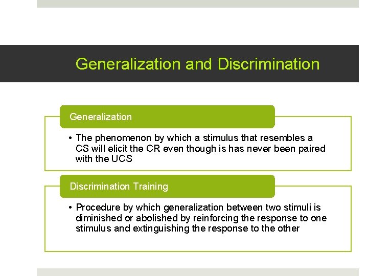 Generalization and Discrimination Generalization • The phenomenon by which a stimulus that resembles a