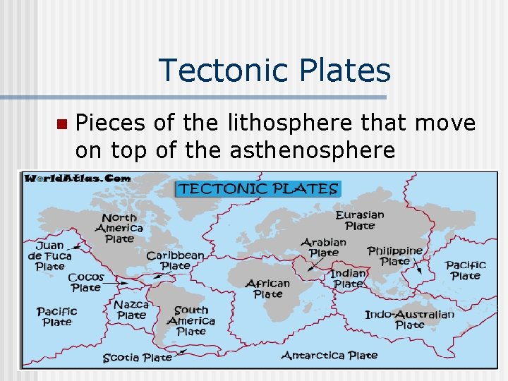 Tectonic Plates n Pieces of the lithosphere that move on top of the asthenosphere