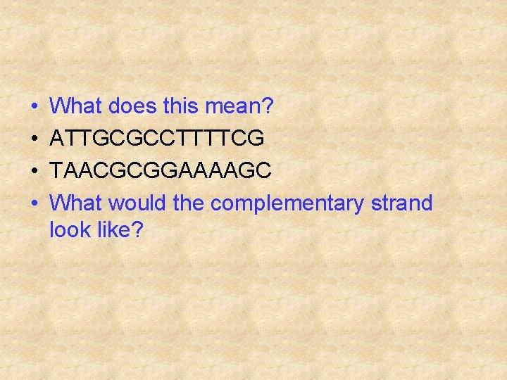  • • What does this mean? ATTGCGCCTTTTCG TAACGCGGAAAAGC What would the complementary strand