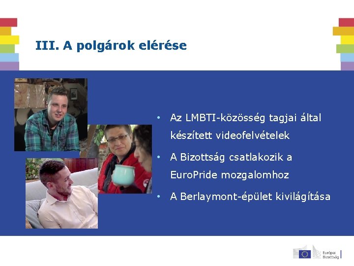 III. A polgárok elérése • Az LMBTI-közösség tagjai által készített videofelvételek • A Bizottság