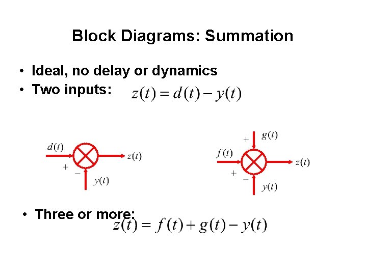 Block Diagrams: Summation • Ideal, no delay or dynamics • Two inputs: • Three