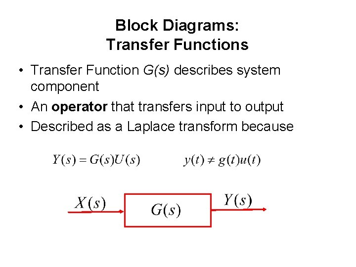 Block Diagrams: Transfer Functions • Transfer Function G(s) describes system component • An operator Block Diagrams: Transfer Functions • Transfer Function G(s) describes system component • An operator