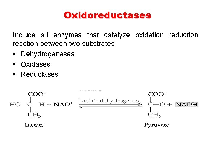 Oxidoreductases Include all enzymes that catalyze oxidation reduction reaction between two substrates § Dehydrogenases