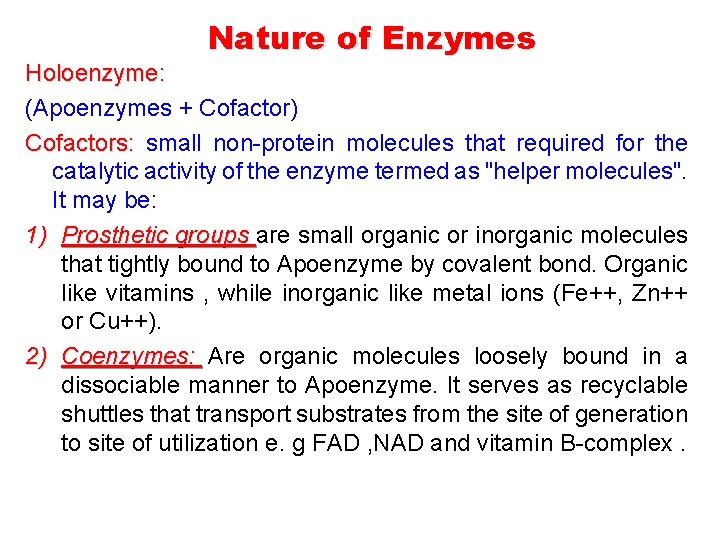 Nature of Enzymes Holoenzyme: (Apoenzymes + Cofactor) Cofactors: small non-protein molecules that required for