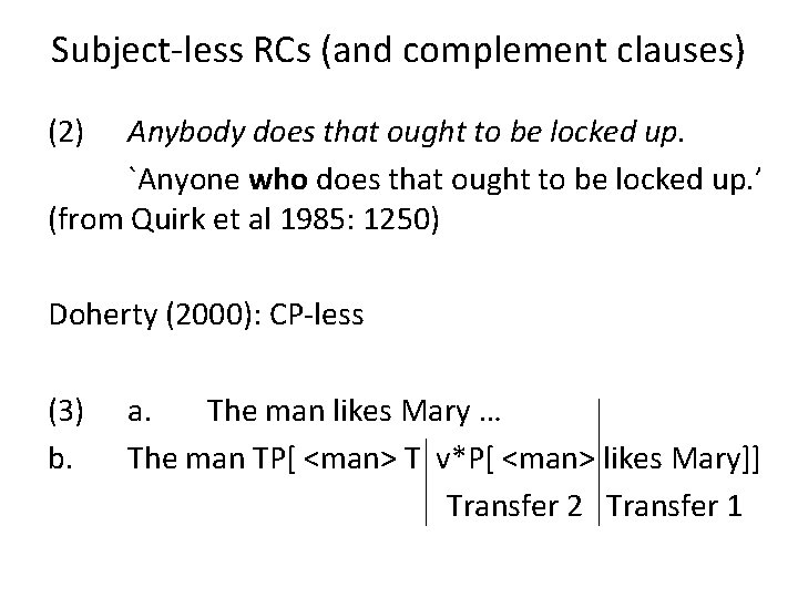 Subject-less RCs (and complement clauses) (2) Anybody does that ought to be locked up.