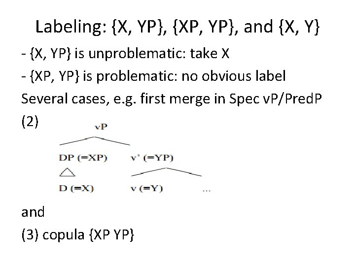 Labeling: {X, YP}, {XP, YP}, and {X, Y} - {X, YP} is unproblematic: take