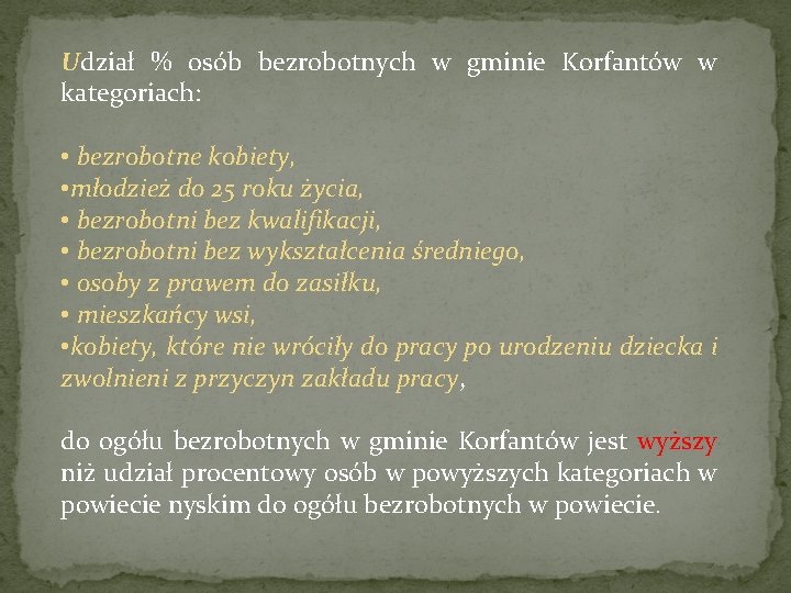 Udział % osób bezrobotnych w gminie Korfantów w kategoriach: • bezrobotne kobiety, • młodzież