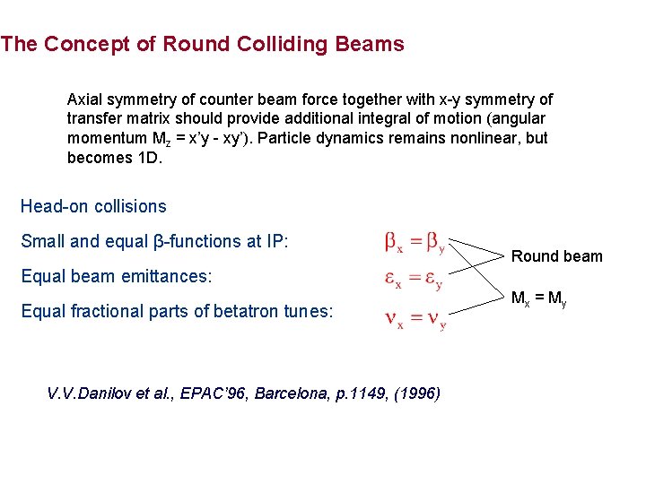 The Concept of Round Colliding Beams Axial symmetry of counter beam force together with
