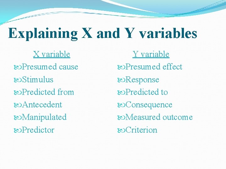 Explaining X and Y variables X variable Presumed cause Stimulus Predicted from Antecedent Manipulated