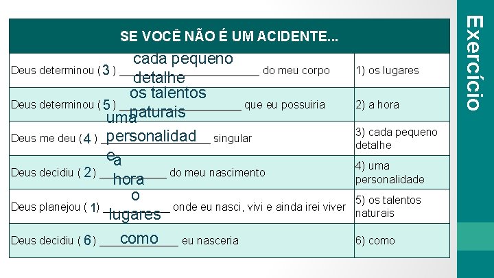 cada pequeno Deus determinou ( 3 ) ____________ do meu corpo detalhe os talentos