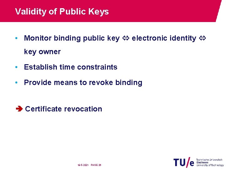Validity of Public Keys • Monitor binding public key electronic identity key owner •