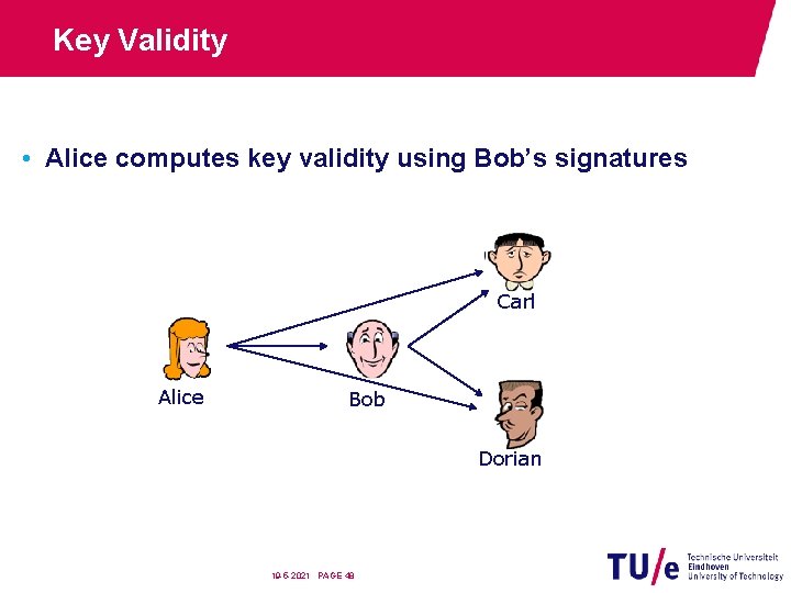 Key Validity • Alice computes key validity using Bob’s signatures Carl Alice Bob Dorian
