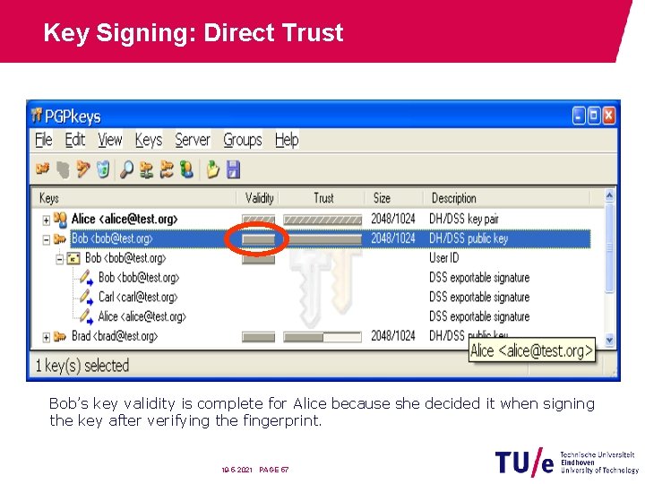 Key Signing: Direct Trust Bob’s key validity is complete for Alice because she decided