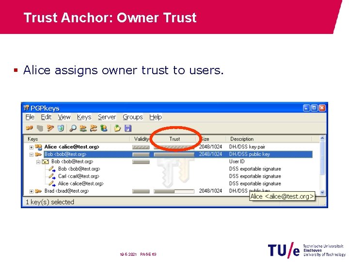 Trust Anchor: Owner Trust § Alice assigns owner trust to users. 19 -5 -2021