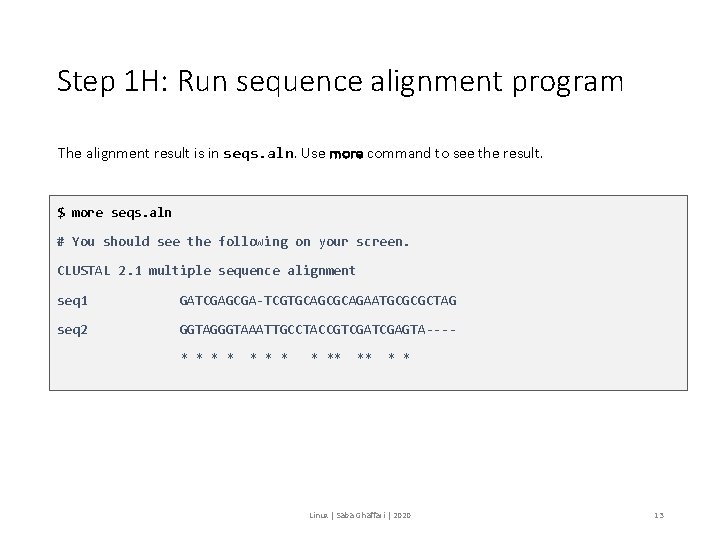 Step 1 H: Run sequence alignment program The alignment result is in seqs. aln.