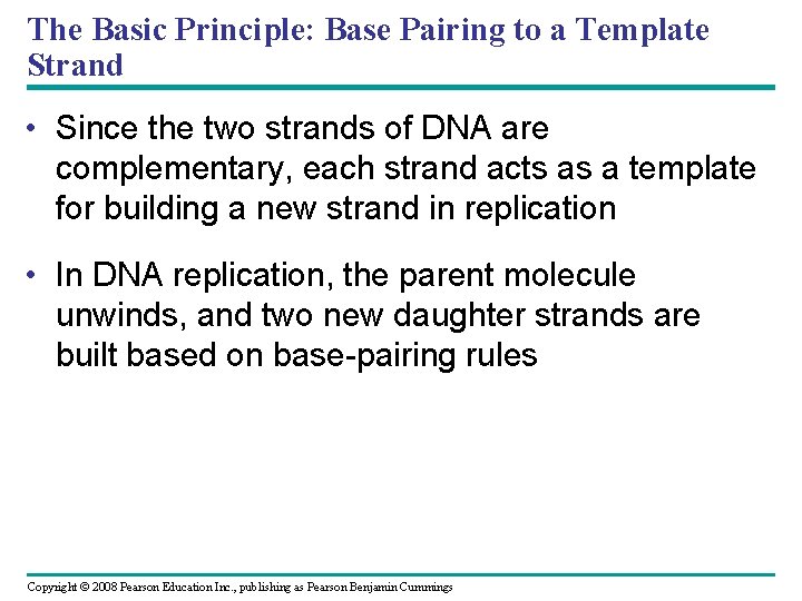 The Basic Principle: Base Pairing to a Template Strand • Since the two strands