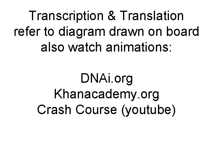 Transcription & Translation refer to diagram drawn on board also watch animations: DNAi. org
