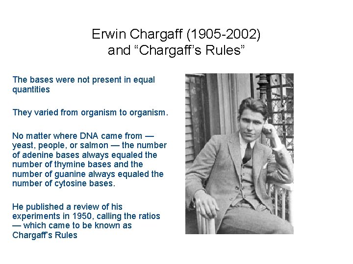 Erwin Chargaff (1905 -2002) and “Chargaff’s Rules” The bases were not present in equal