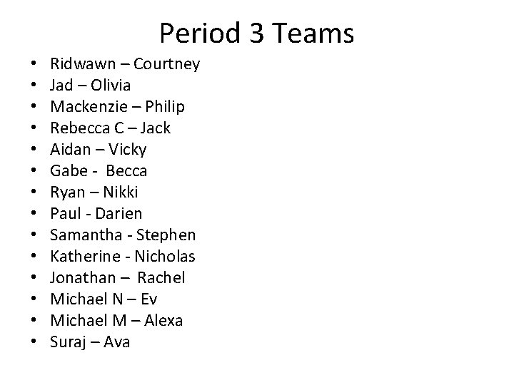 Period 3 Teams • • • • Ridwawn – Courtney Jad – Olivia Mackenzie