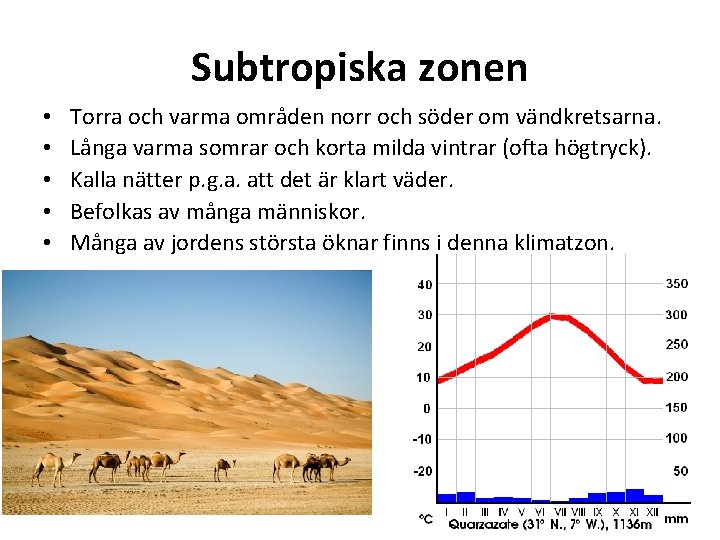 Subtropiska zonen • • • Torra och varma områden norr och söder om vändkretsarna.