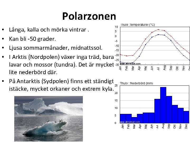 Polarzonen Långa, kalla och mörka vintrar. Kan bli -50 grader. Ljusa sommarmånader, midnattssol. I