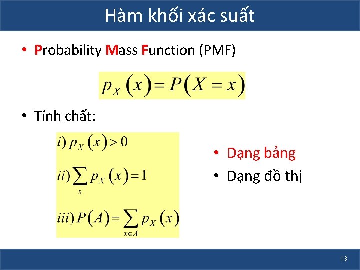 Hàm khối xác suất • Probability Mass Function (PMF) • Tính chất: • Dạng