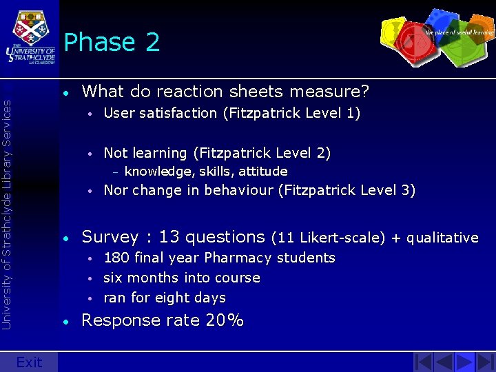 Phase 2 University of Strathclyde Library Services • What do reaction sheets measure? •