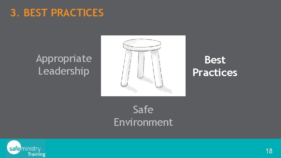 3. BEST PRACTICES Appropriate Leadership Best Practices Safe Environment 18 