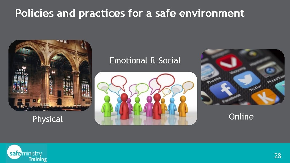 Policies and practices for a safe environment Emotional & Social Physical Online 28 