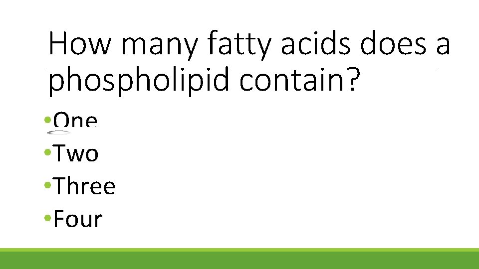 How many fatty acids does a phospholipid contain? • One • Two • Three