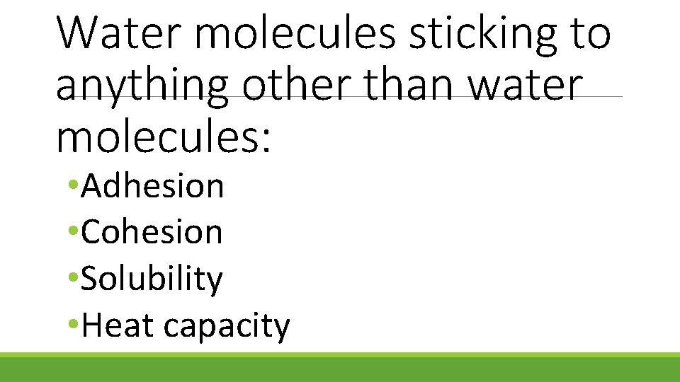 Water molecules sticking to anything other than water molecules: • Adhesion • Cohesion •