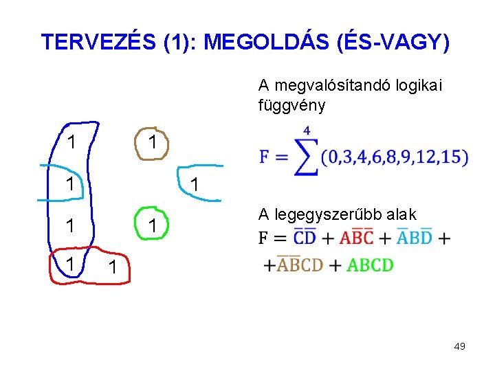 TERVEZÉS (1): MEGOLDÁS (ÉS-VAGY) A megvalósítandó logikai függvény 1 1 1 1 A legegyszerűbb