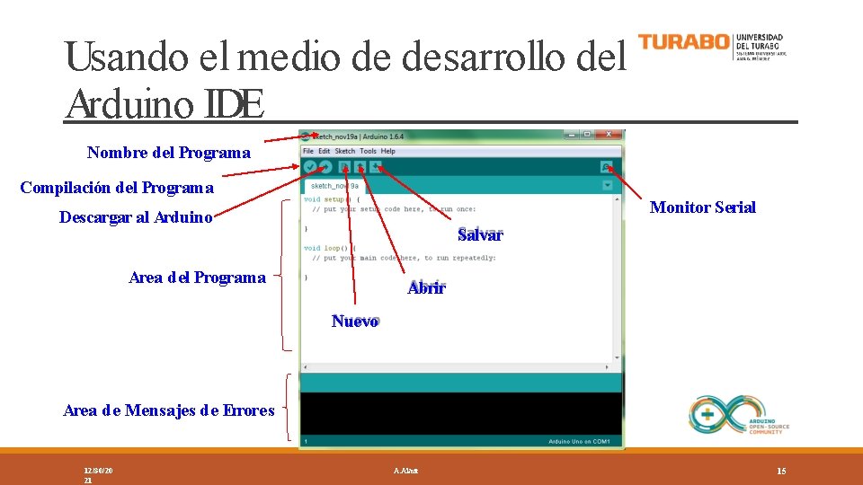 Usando el medio de desarrollo del Arduino IDE Nombre del Programa Compilación del Programa